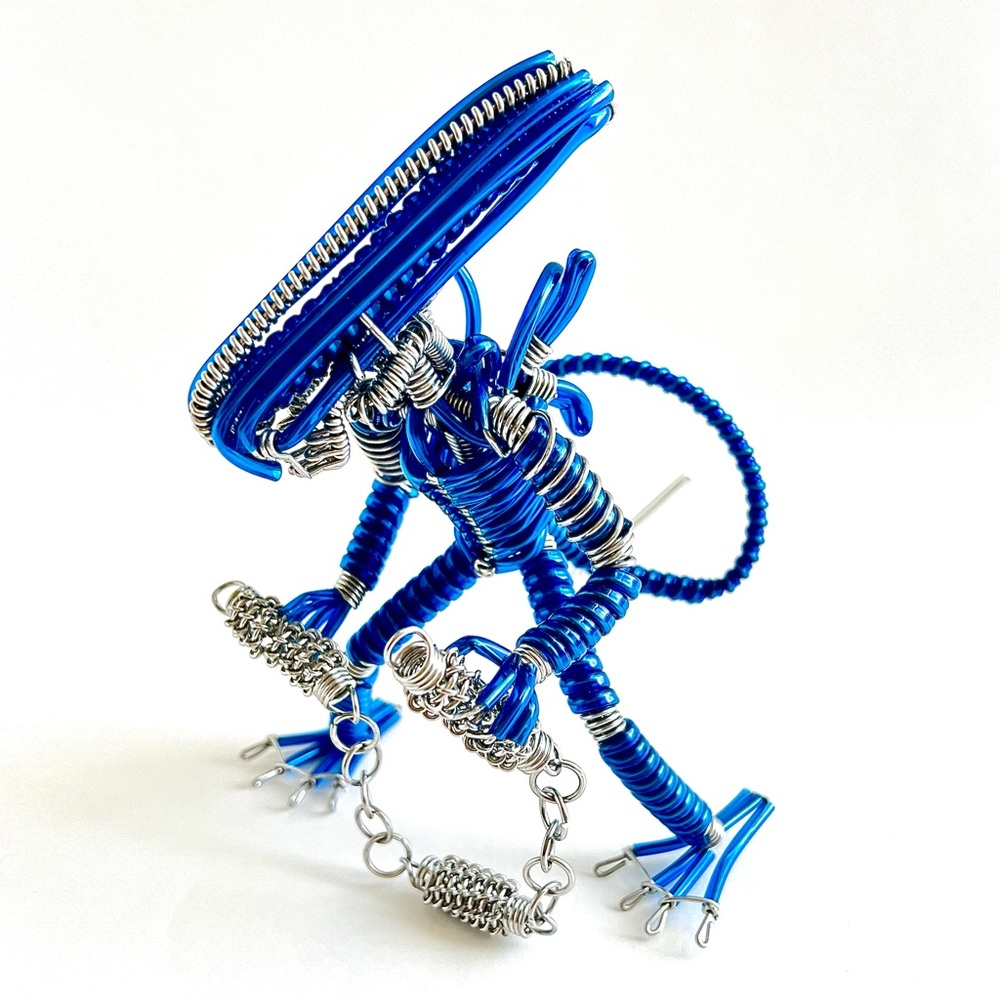 Alien Handcrafted Metal Wire Sculpture Art Silver & Blue (NWOT)